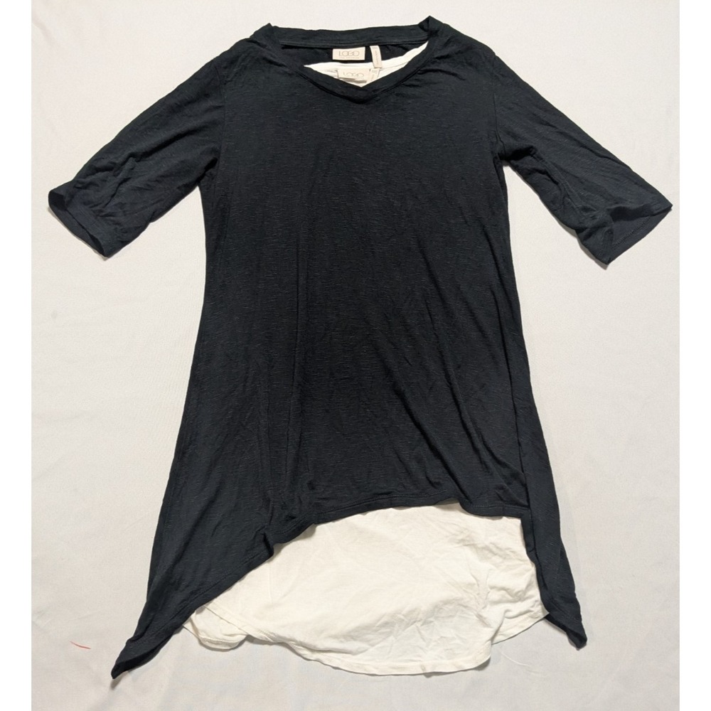 LOGO‎ Lori Goldstein - Women XXS Black + White 2 in 1 Layered Top Rayon Stretch